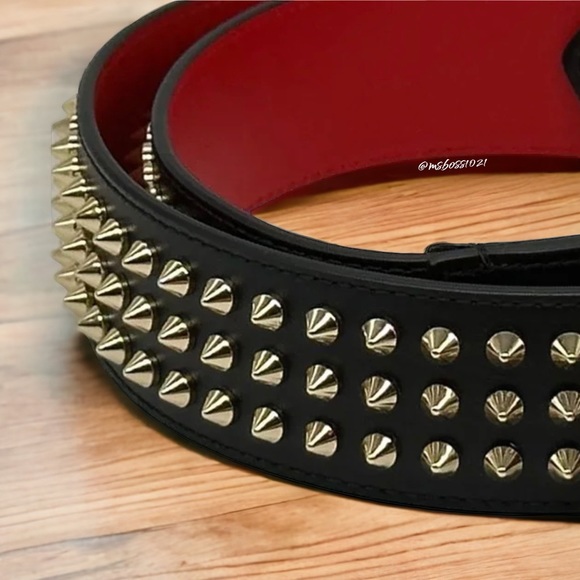 Christian Louboutin LOUBI Logo Spike Studded Leather Belt Black Gold - Picture 6 of 10